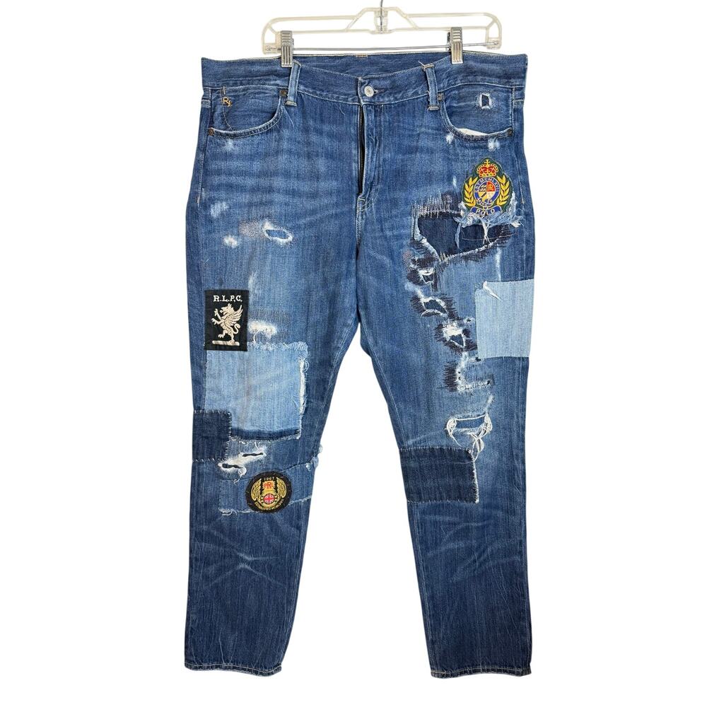 Ralph Lauren Patchwork  Aster Slim Boyfriend Jeans Logo Crest Thrashed 32x29